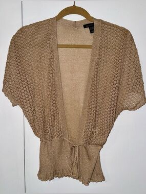 2005 Y2K Heart Moon Star Gold Metallic Pointelle Knit Tie-Front Shrug